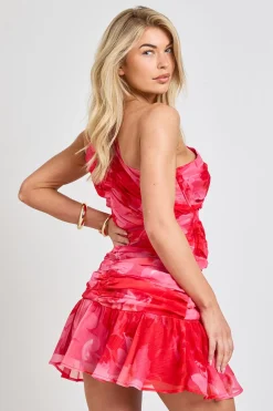 boohoo Robe Courte En Mousseline À Une Épaule Avec Fronces Et Motif Floral<Femme Robes|Toutes Les Robes