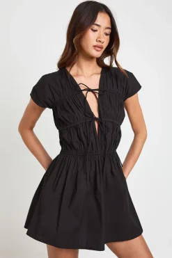 Robe Courte En Popeline De Coton Avec Fronces Devant Et Lien À Nouer