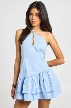 Robe Courte En Popeline De Coton À Encolure Américaine Et Ourlet Asymétrique Tombant