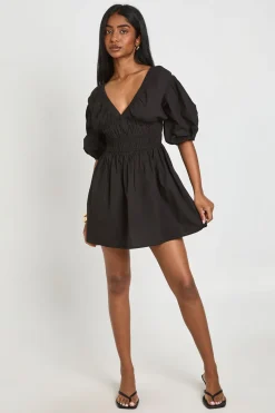 Robe Courte En Popeline De Coton À Corsage Froncé Col V Et Manches Bouffantes