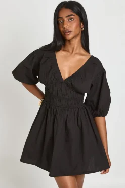 Robe Courte En Popeline De Coton À Corsage Froncé Col V Et Manches Bouffantes