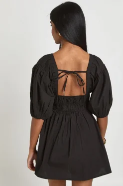 Robe Courte En Popeline De Coton À Corsage Froncé Col V Et Manches Bouffantes