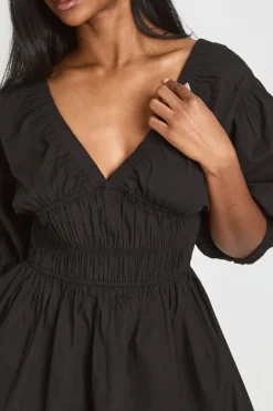 Robe Courte En Popeline De Coton À Corsage Froncé Col V Et Manches Bouffantes