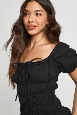 Robe Courte En Popeline De Coton À Buste Froncé Et Manches Bouffantes