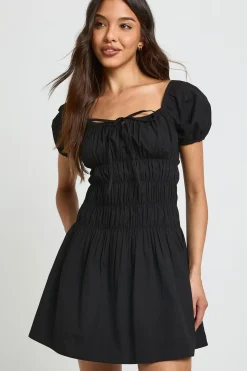 Robe Courte En Popeline De Coton À Buste Froncé Et Manches Bouffantes