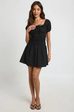 Robe Courte En Popeline De Coton À Buste Froncé Et Manches Bouffantes
