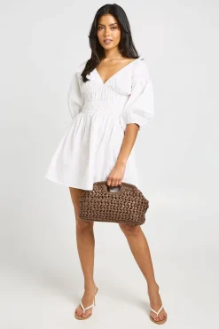 boohoo Robe Courte En Popeline De Coton À Corsage Froncé Col En V Et Manches Bouffantes<Femme Robes Patineuses|Robes