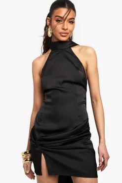 boohoo Robe courte en satin à encolure haute<Femme Robes Moulantes|Satin Et Dentelle