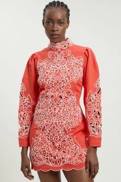 Robe Courte En Sergé De Coton Avec Broderie Anglaise