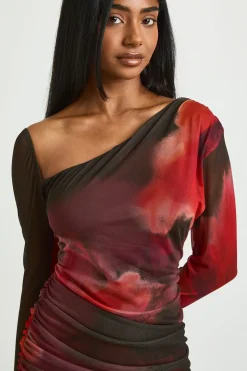 Robe Courte Froncée Asymétrique À Motif Floral