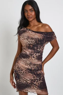 Robe Courte Froncée À Imprimé Animal Tonal
