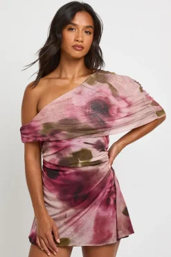 Robe Courte Froncée À Imprimé Floral Flou Asymétrique Petite