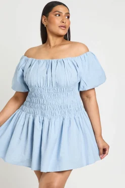 boohoo Robe Courte Grande Taille Aspect Lin Manches Bouffantes Bustier Froncé<Femme Robes Courtes|Robes
