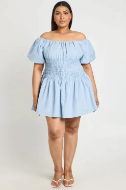 boohoo Robe Courte Grande Taille Aspect Lin Manches Bouffantes Bustier Froncé<Femme Robes Courtes|Robes
