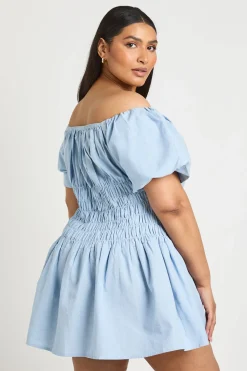 boohoo Robe Courte Grande Taille Aspect Lin Manches Bouffantes Bustier Froncé<Femme Robes Courtes|Robes