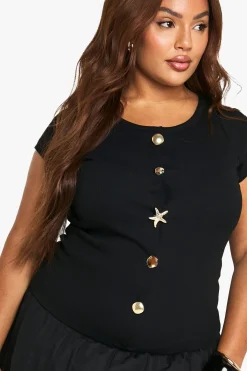 boohoo Robe Courte Grande Taille À Détails Dorés En Popeline Côtelée<Femme Robes Patineuses|Robes