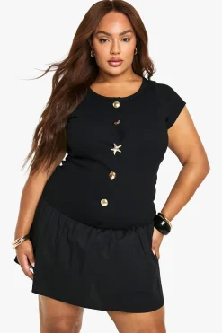 boohoo Robe Courte Grande Taille À Détails Dorés En Popeline Côtelée<Femme Robes Patineuses|Robes