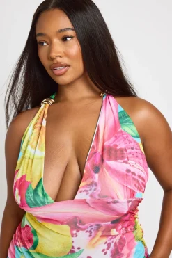 Robe Courte Grande Taille À Imprimé Floral Et Encolure Dos-nu