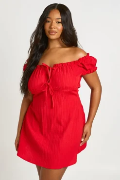 Robe Courte Grande Taille À Manches Bouffantes Et Nœud Devant