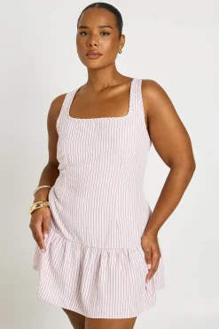 Robe Courte Grande Taille À Rayures Encolure Carrée Et Ourlet À Volants