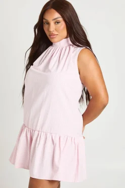 Robe Courte Grande Taille À Rayures Col Montant Et Ourlet À Volants
