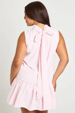 Robe Courte Grande Taille À Rayures Col Montant Et Ourlet À Volants