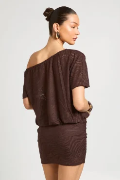 boohoo Robe Courte À Haut Blouson Encolure Asymétrique Motif Zèbre Dévoré<Femme Looks Chocolat|Robes T-Shirt