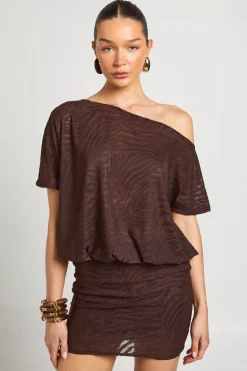 boohoo Robe Courte À Haut Blouson Encolure Asymétrique Motif Zèbre Dévoré<Femme Looks Chocolat|Robes T-Shirt