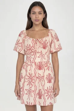 Robe Courte À Imprimé Coquillages Effet Lin Avec Manches Volumineuses