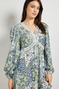 Dorothy Perkins Robe Courte Imprimée À Manches Longues Avec Bordure En Dentelle Motif Cachemire<Femme Satin Et Dentelle|Robes À Manches Longues