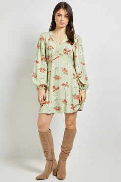Robe Courte Imprimée À Manches Longues Avec Imprimé Fleuri Ditsy Et Bordure En Dentelle