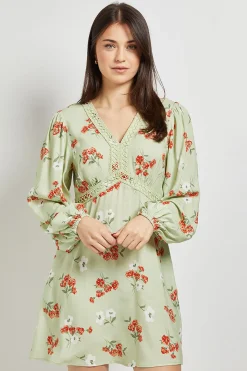 Robe Courte Imprimée À Manches Longues Avec Imprimé Fleuri Ditsy Et Bordure En Dentelle