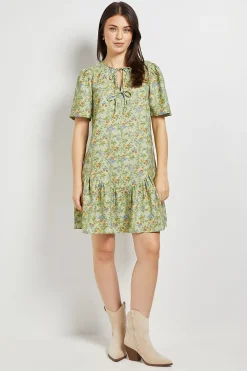 Robe Courte Imprimée À Ourlet Asymétrique Avec Détail Nœud Motif Floral Vert