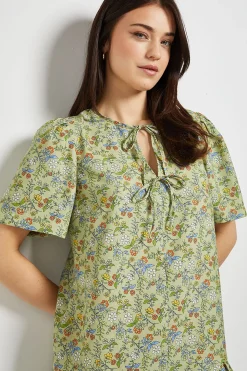 Robe Courte Imprimée À Ourlet Asymétrique Avec Détail Nœud Motif Floral Vert