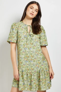 Robe Courte Imprimée À Ourlet Asymétrique Avec Détail Nœud Motif Floral Vert