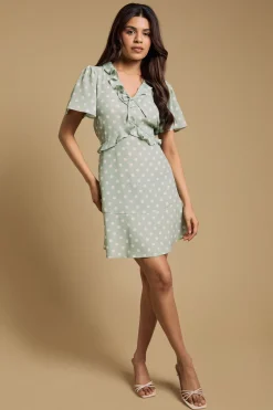 Robe Courte Imprimée Petite Taille À Manches Volantées Et Nœud Devant