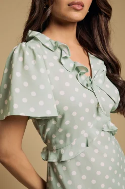 Robe Courte Imprimée Petite Taille À Manches Volantées Et Nœud Devant