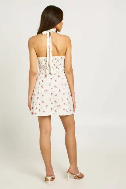 Robe Courte À Imprimé Fleuri Avec Encolure Dos-nu Et Buste Froncé