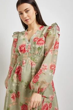 Robe Courte À Imprimé Fleuri Vert Avec Détail Volant Et Manches Ballon