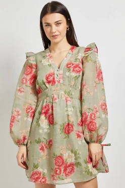 Robe Courte À Imprimé Fleuri Vert Avec Détail Volant Et Manches Ballon