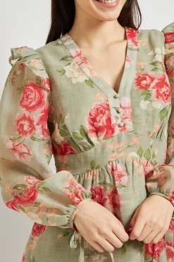 Robe Courte À Imprimé Fleuri Vert Avec Détail Volant Et Manches Ballon