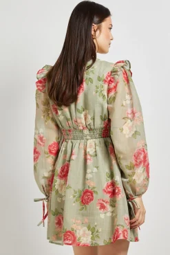 Robe Courte À Imprimé Fleuri Vert Avec Détail Volant Et Manches Ballon