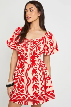 Robe Courte À Imprimé Floral Effet Lin Avec Manches Volumineuses