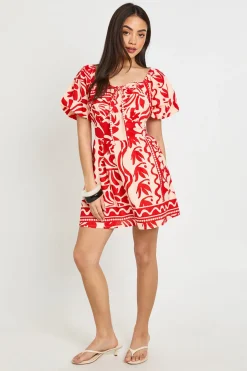 Robe Courte À Imprimé Floral Effet Lin Avec Manches Volumineuses