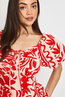 Robe Courte À Imprimé Floral Effet Lin Avec Manches Volumineuses