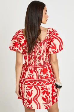 Robe Courte À Imprimé Floral Effet Lin Avec Manches Volumineuses
