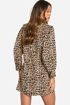 Robe Courte À Imprimé Léopard Avec Col Détaillé Et Manches Volumineuses