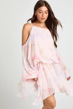 Robe Courte À Manches Bouffantes Et Imprimé Floral Pastel