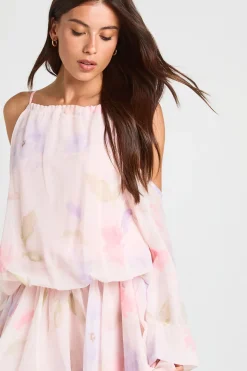 Robe Courte À Manches Bouffantes Et Imprimé Floral Pastel