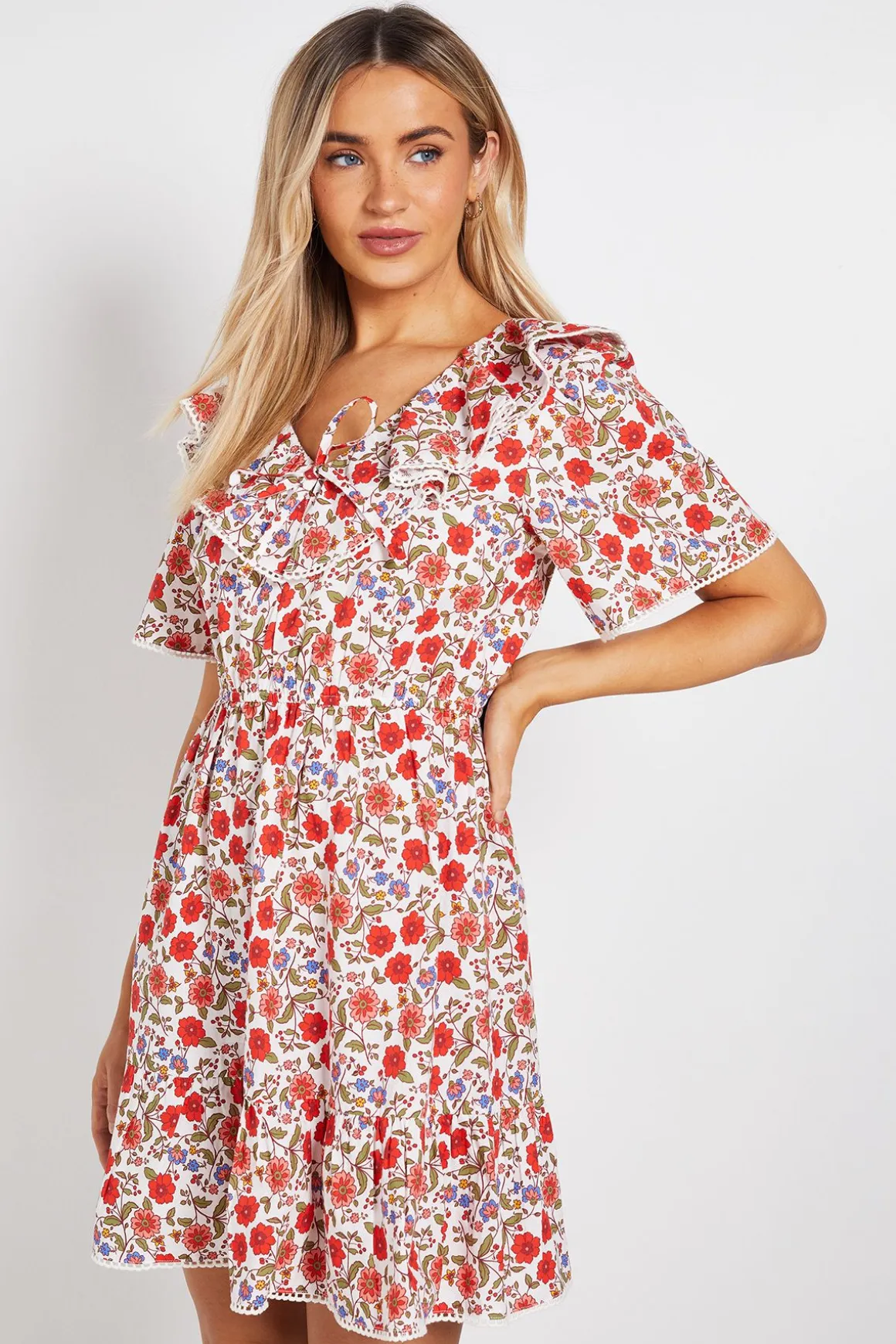Robe Courte À Manches Papillon Avec Col Noué